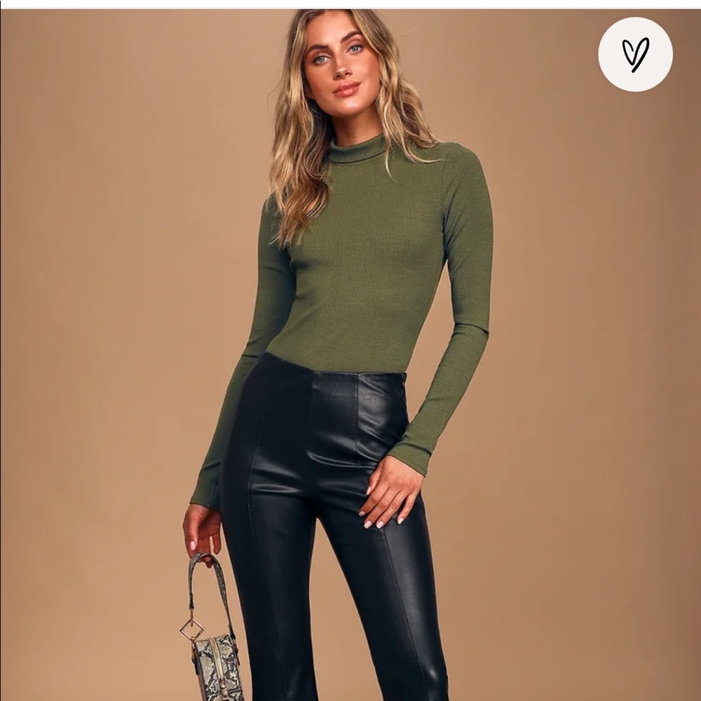 Lulus Olive Green Ribbed Long Sleeve Mock Neck Bodysuit